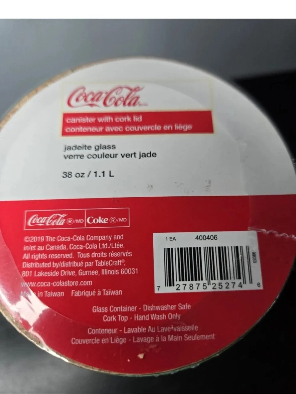 Green Jadeite Coca-Cola Glass Kitchen Canister New/Sealed 38ozw Cork Lid R.E.A.D